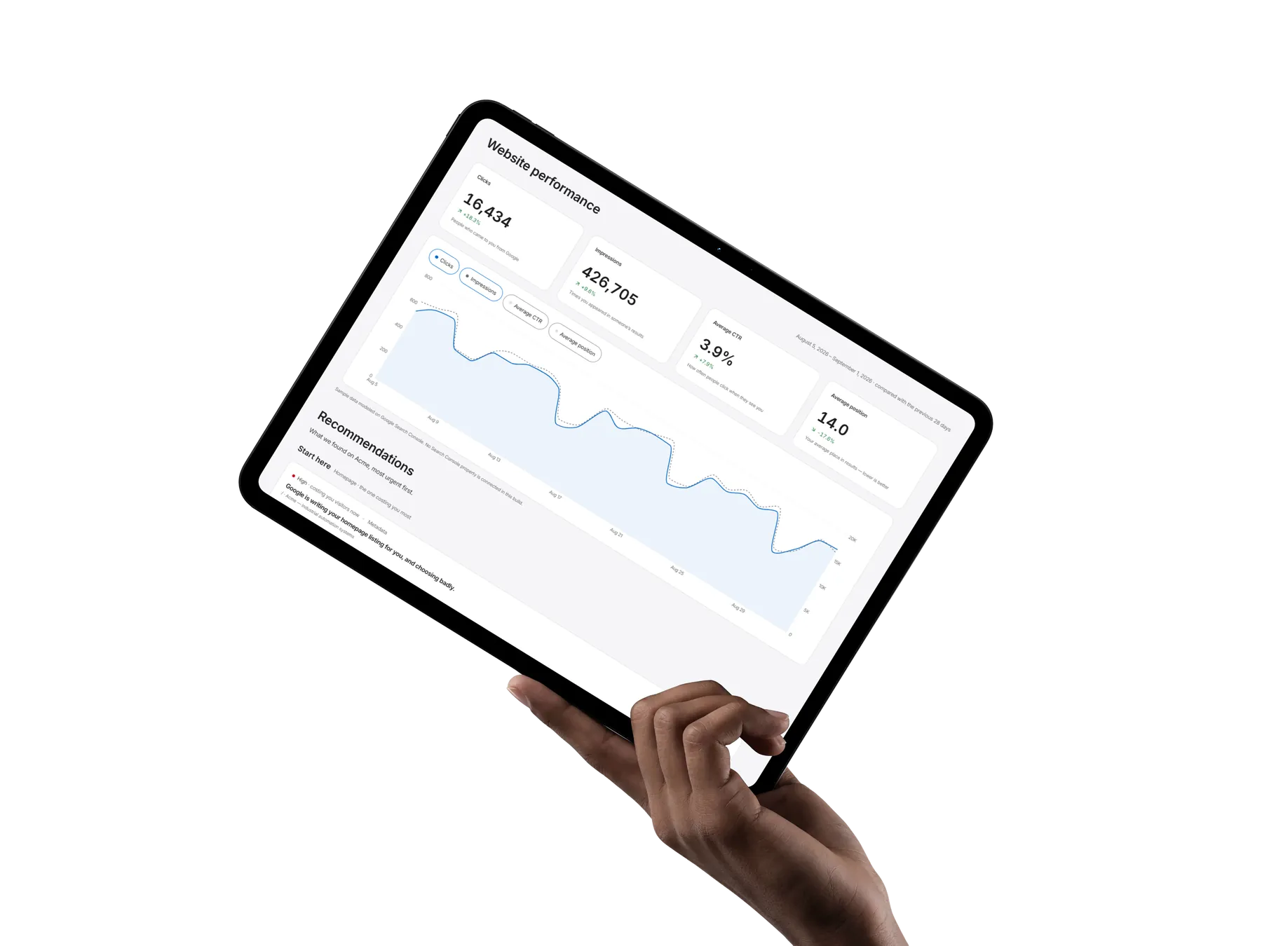 A tablet held in one hand, showing the ContentLoop Search Console dashboard
